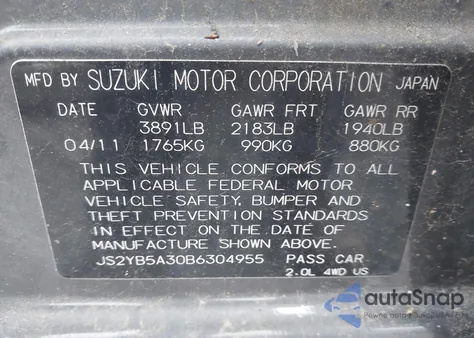 2011 Suzuki Sx4 Premium/Tech Valu Pkg (Nav) from USA, damaged, VIN JS2YB5A30B6304955